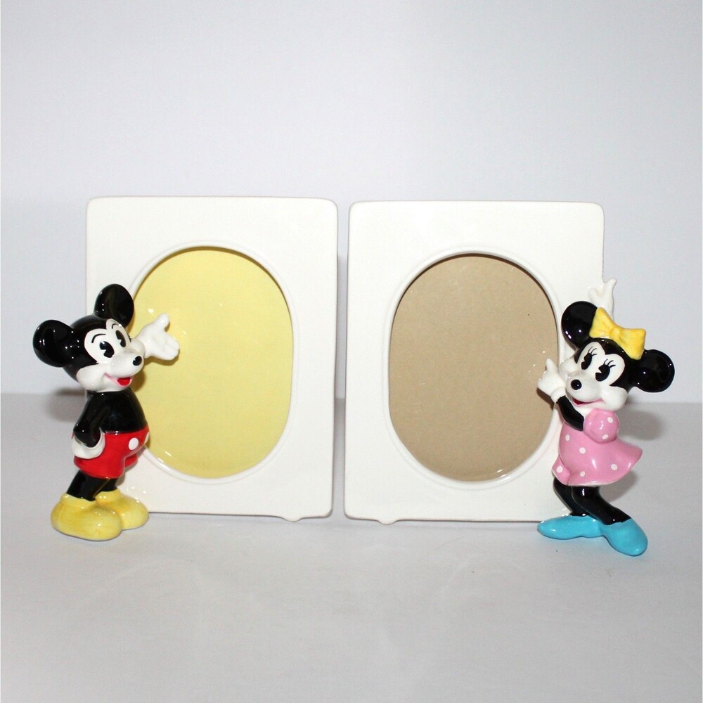 2 Vintage Disney Photo Frame Mickey Minnie pair Japan ceramic white figure
